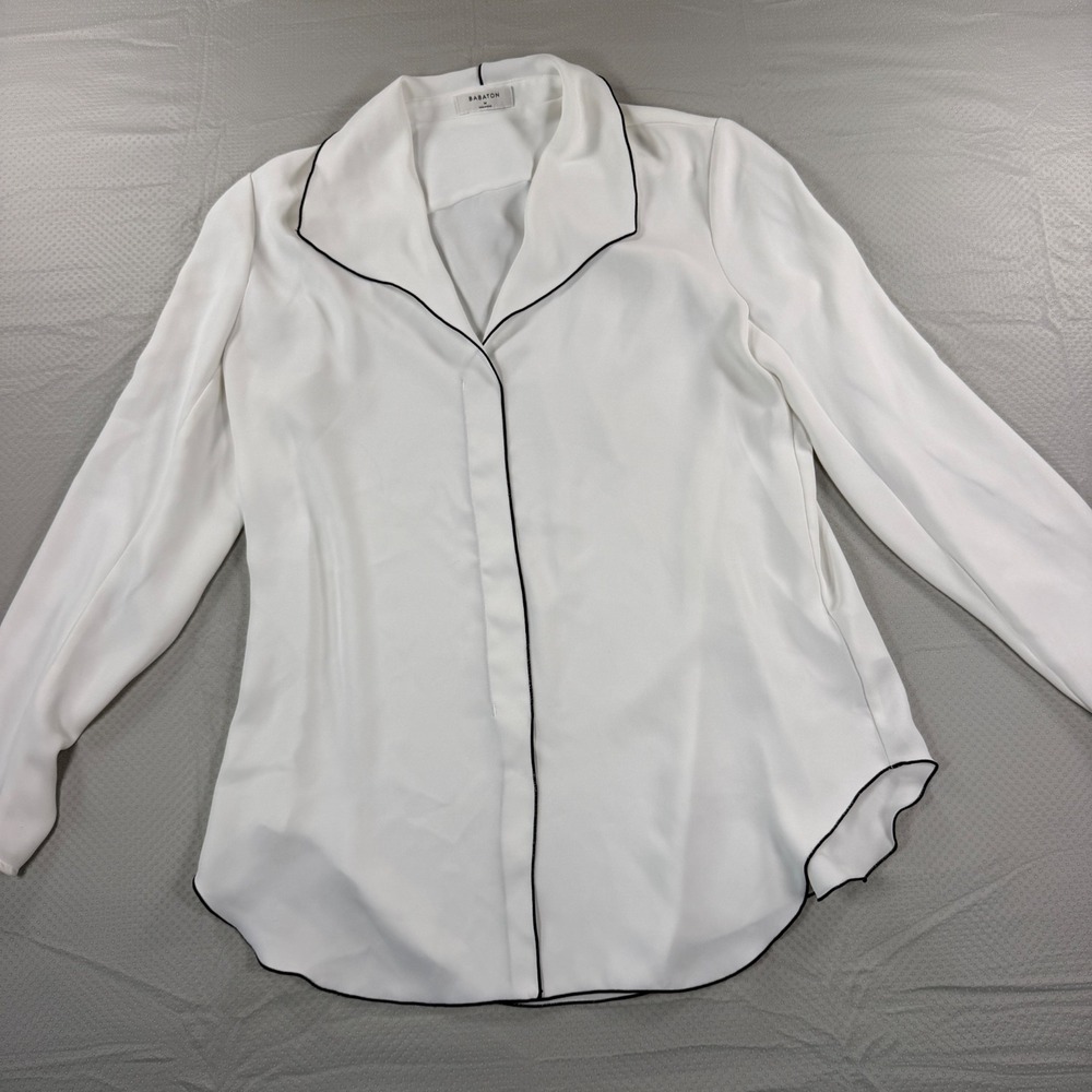 Babaton Aritzia White Contrast Piping Button Up Blouse Size M Long Sleeve